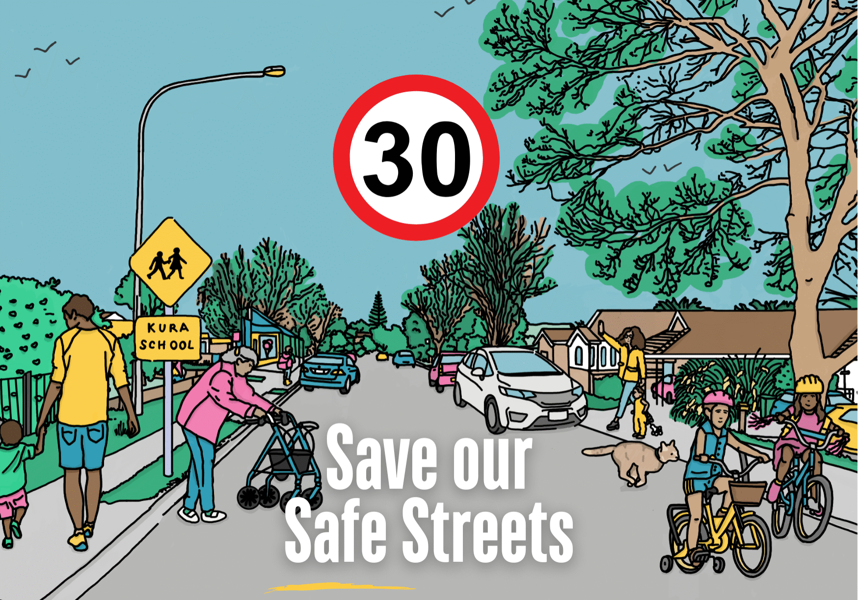 Save our safe streets 30kmh sign Emma illustration